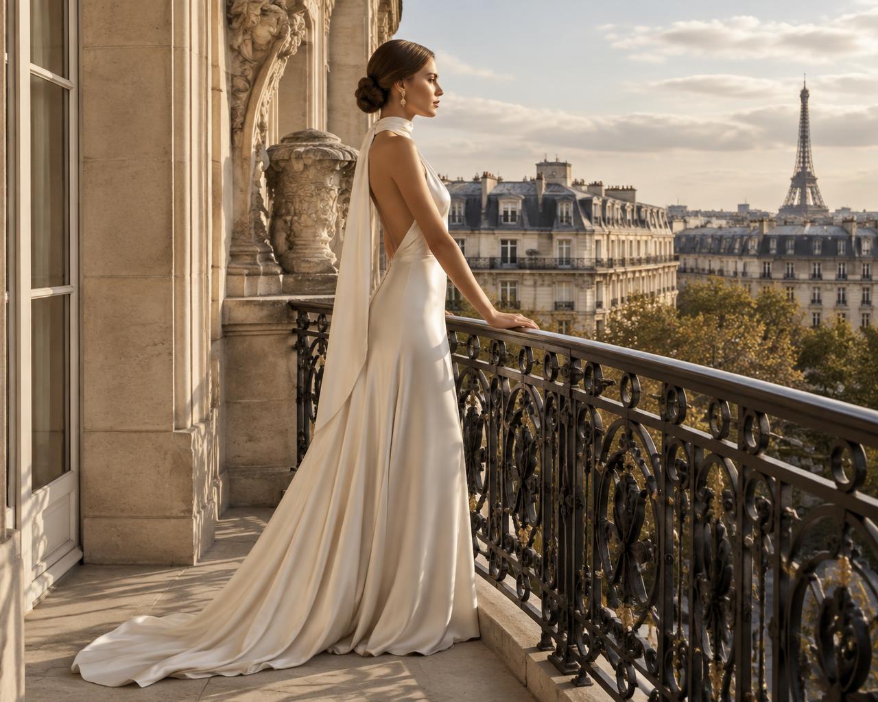 European couture on a balcony overlooking Paris